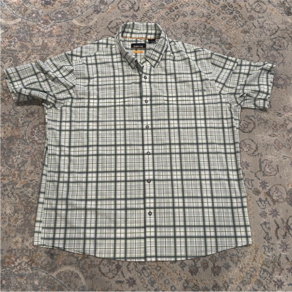 Orvis Shirt Mens XL Green White Plaid Active Fit Stretch Outdoor Fishing Summer